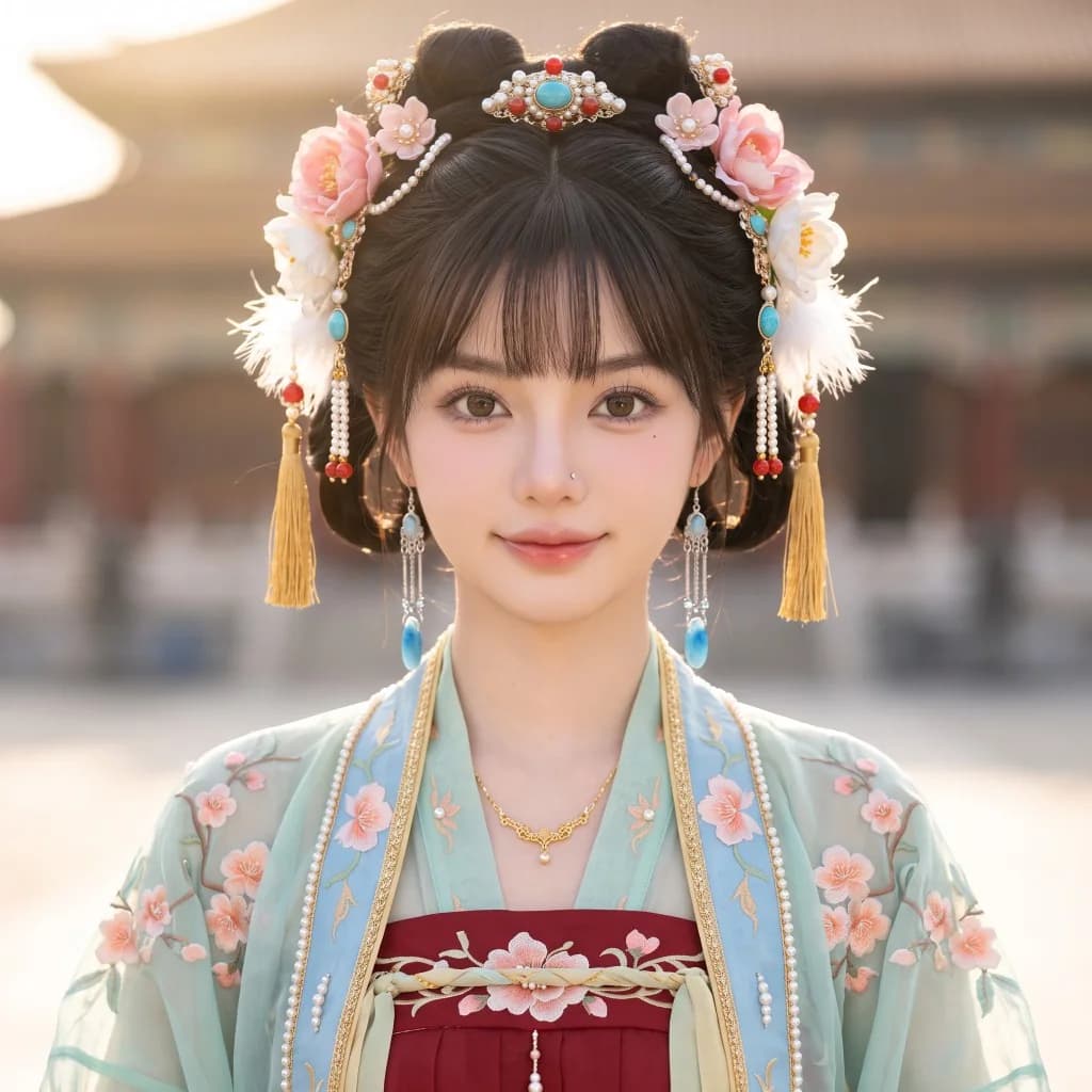 ฮองเฮาในชุดคลุมสีหยกอ่อน ชุดชั้นในสีแดงปักทอง ยิ้มอบอุ่น