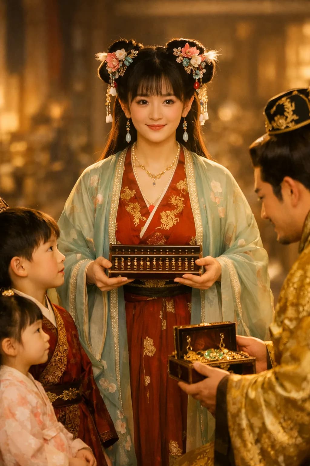 ขุนนางชุดทองยื่นกล่องสมบัติให้องค์ชายน้อย ฮองเฮายืนกั้นไว้พร้อมลูกคิดในมือ