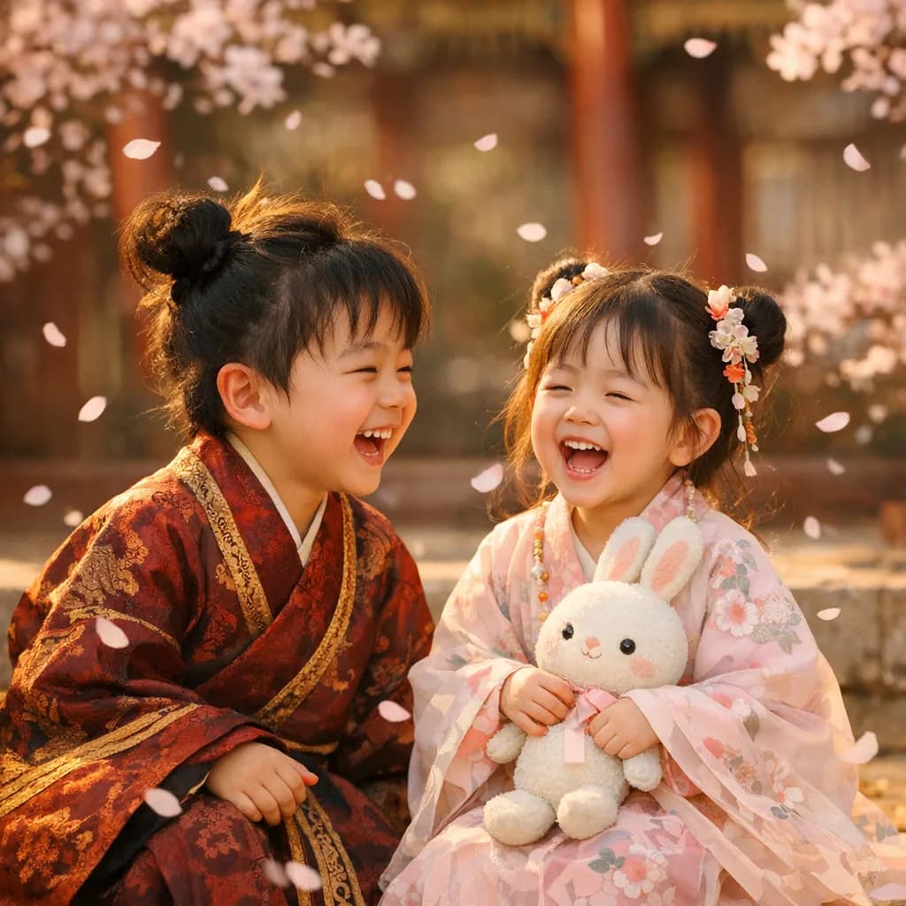 องค์ชายน้อยและองค์หญิงน้อยวิ่งเล่นข้างประตูวัง