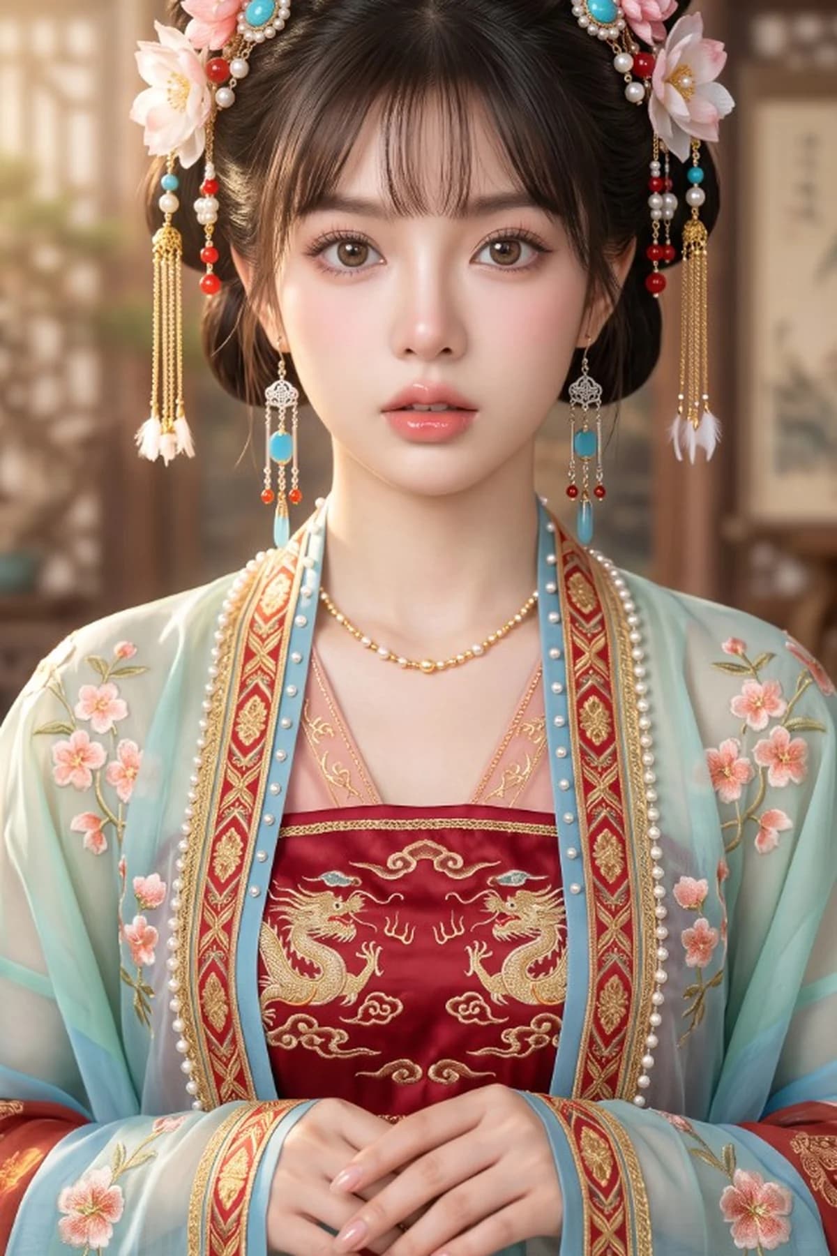 ฮองเฮายืนยิ้มต้อนรับอยู่หน้าประตูวัง