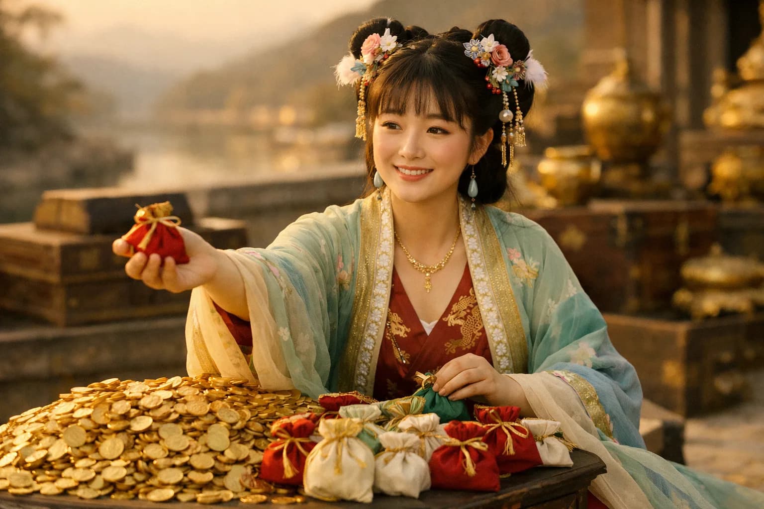 ฮองเฮายืนหน้าท้องพระคลัง แบ่งเหรียญทองกองใหญ่ออกเป็นถุงเล็กร้อยใบ ส่งออกไปเพียงถุงเดียว